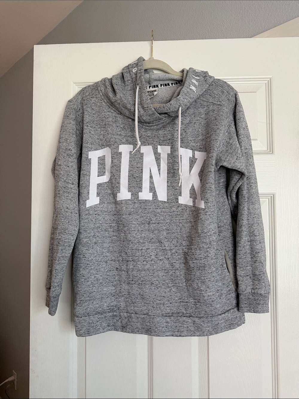 PINK Victoria's Secret Gray Cowl Neck Pullover with White Logo